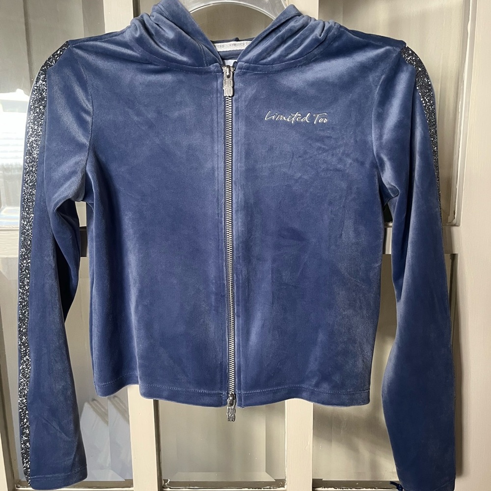 Limited Too Girl’s Dust Blue Velour Hoodie with Silver Zipper - Size 10